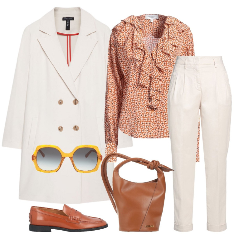 Outfit donna - Total look #2074273. Stile Casual chic per Ufficio. Abbinamento con occhiali da sole, pantaloni, camicie, borse a secchiello, mocassini, cappotti.