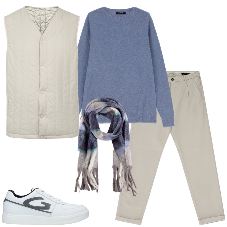 Outfit uomo - Toni chiari. Stile Casual per Tutti i giorni. Abbinamento con sneakers, pantaloni chino, maglieria, piumini, sciarpe.