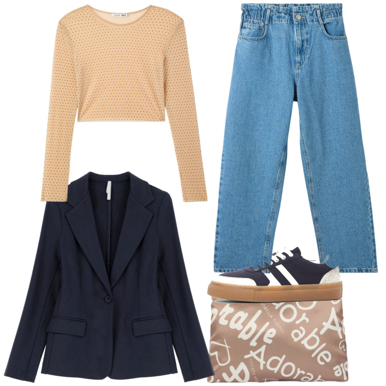 Outfit donna - In blazer. Stile Casual per Tutti i giorni. Abbinamento con sneakers, jeans, maglieria, blazer, pochette.