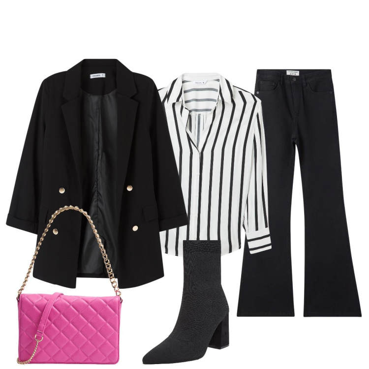 Outfit donna - Total look #2074284. Stile Minimal per Serata fuori. Abbinamento con jeans a zampa, blazer, camicie, stivaletti, borse a tracolla.