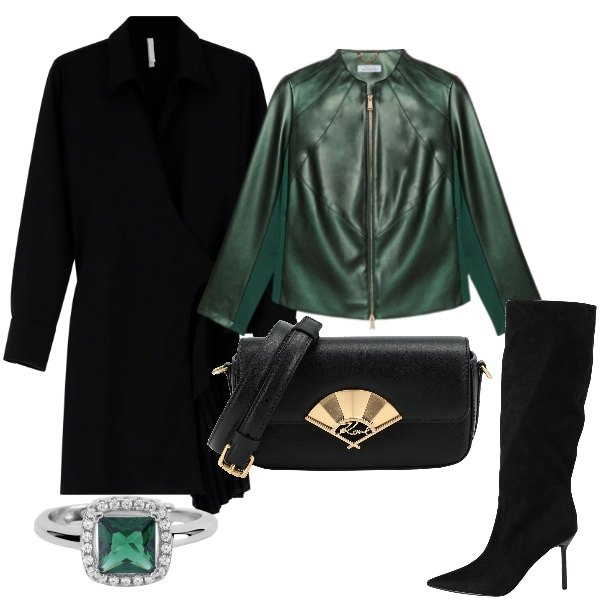 Outfit donna - Serata fuori. Stile Trendy per Serata fuori. Abbinamento con stivali, borse a tracolla, anelli, vestiti corti, blazer.