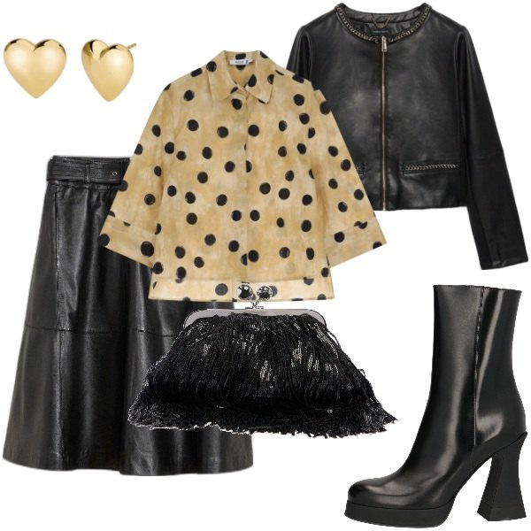 Outfit donna - Serata fuori. Stile Trendy per Serata fuori. Abbinamento con gonne, stivaletti, orecchini, camicie, pochette, blazer.