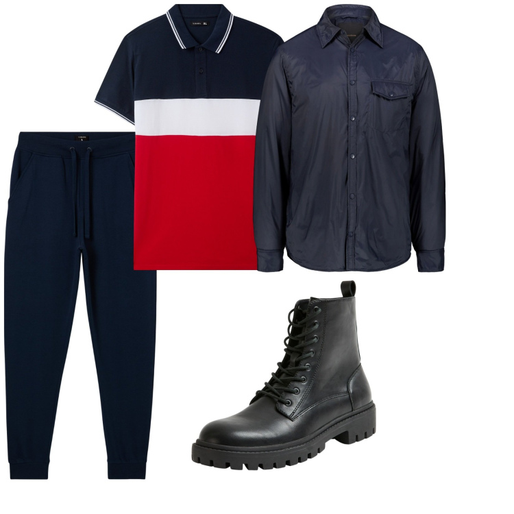Outfit uomo - Sportivo abbastanza. per Tutti i giorni. Abbinamento con polo, anfibi, pantaloni sportivi, giacche.