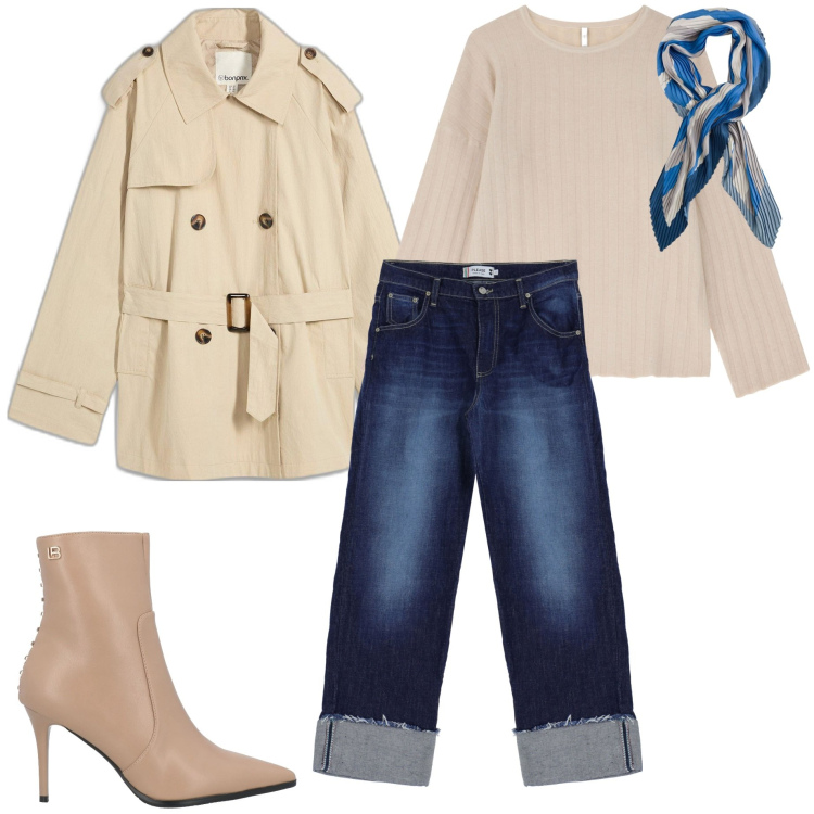 Outfit donna - Intramontabile trench. Stile Casual chic per Ufficio. Abbinamento con trench, stivaletti, pullovers, jeans, foulard.