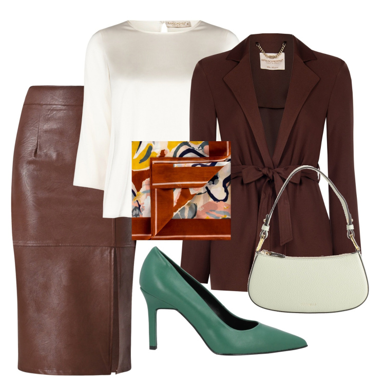 Outfit donna - Total look #2074319. Stile Casual chic per Tutti i giorni. Abbinamento con décolleté, borse a mano, blazer, gonne longuette, bluse, foulard.