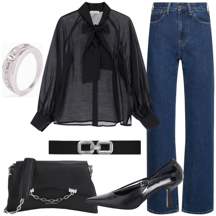 Outfit donna - Sporty chic di sera. Stile Sporty chic per Serata fuori. Abbinamento con anelli, borse a tracolla, cinture, camicie, décolleté, jeans dritti.