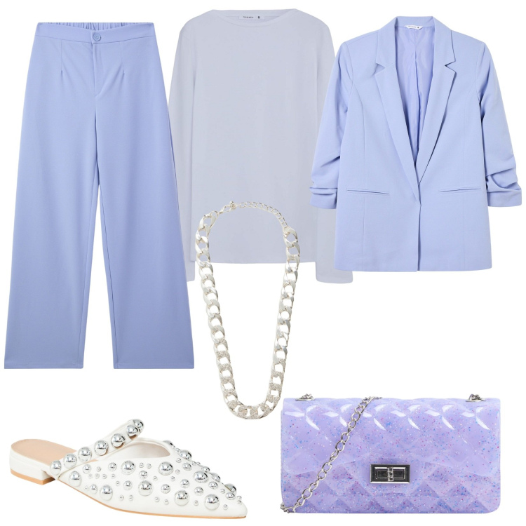 Outfit donna - Terranova primavera. Stile Chic per Cerimonia. Abbinamento con borse a tracolla, ballerine, pantaloni, blazer, t-shirt, collane.