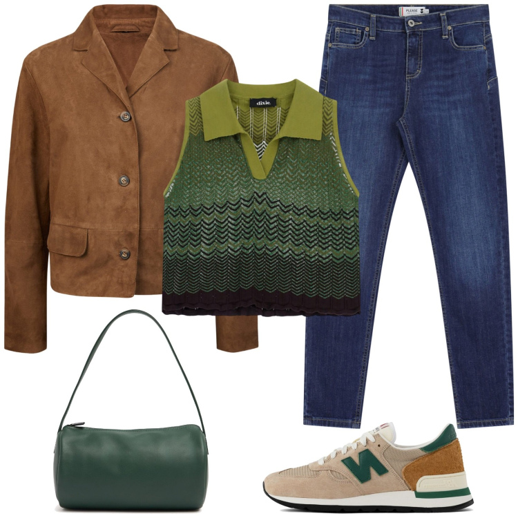 Outfit donna - Sporty chic. Stile Sporty chic per Tutti i giorni. Abbinamento con sneakers, jeans skinny, maglieria, blazer, borse a spalla.