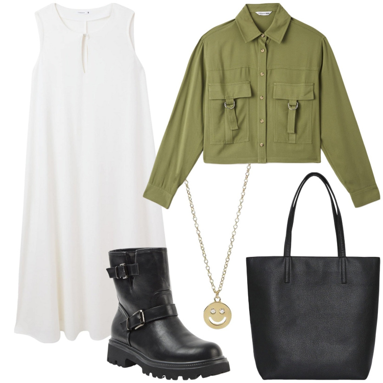 Outfit donna - Primavera rock. Stile Rock per Tutti i giorni. Abbinamento con vestiti lunghi, borse tote, camicie, stivaletti, collane.