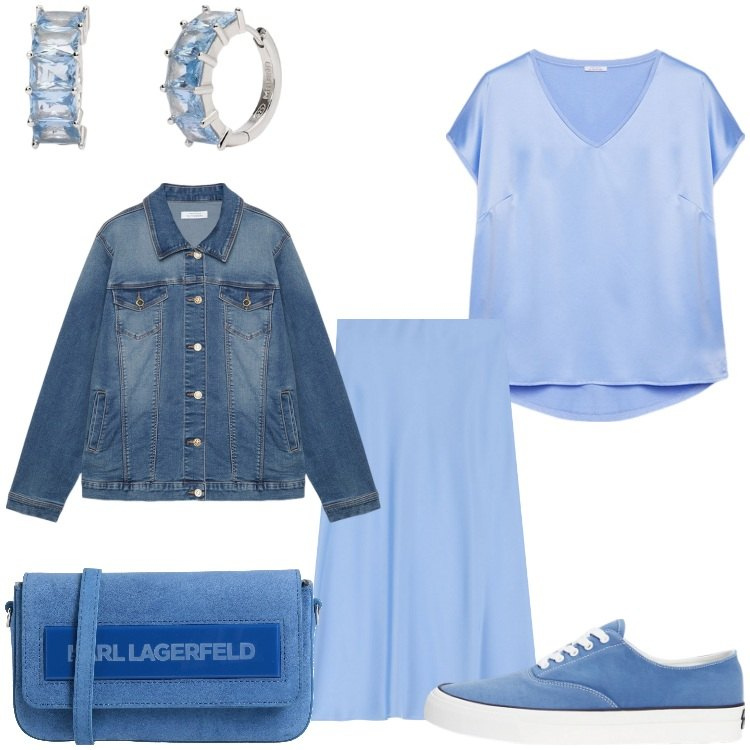 Outfit donna - Come il cielo. Stile Sporty chic per Serata fuori. Abbinamento con borse a tracolla, orecchini, gonne longuette, sneakers, t-shirt, blazer.