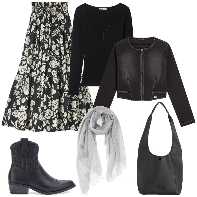 Outfit donna - Gonna per la primavera. Stile Boho per Tutti i giorni. Abbinamento con gonne lunghe, t-shirt, blazer, borse a spalla, foulard, stivaletti texani.
