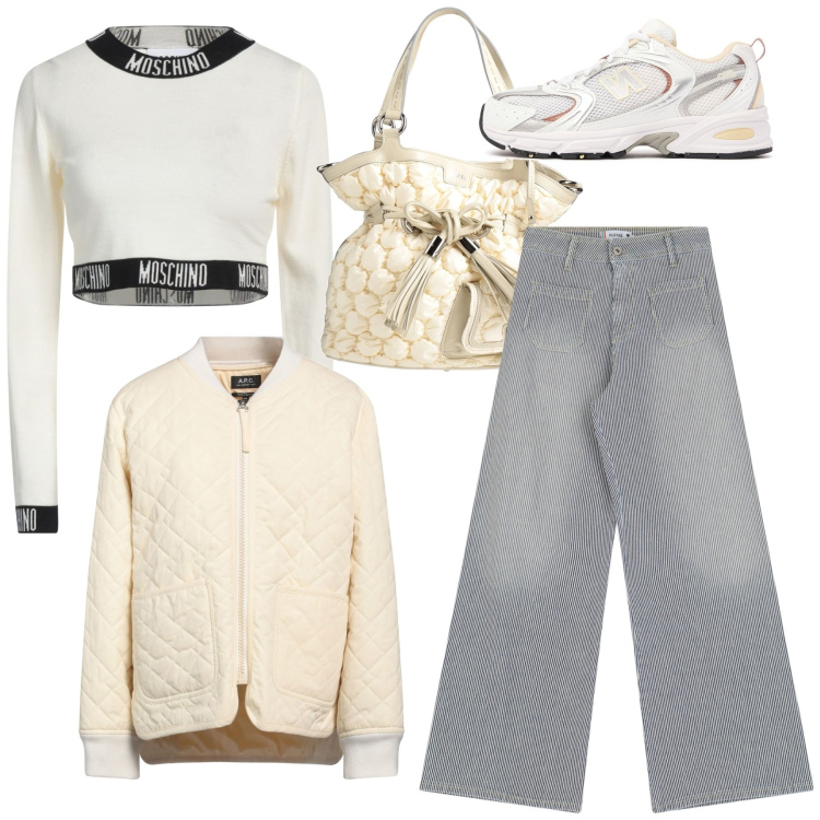 Outfit donna - Avorio casual. Stile Basic per Tutti i giorni. Abbinamento con pullovers, borse a secchiello, giacche, jeans a zampa, sneakers.