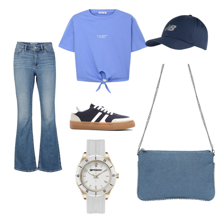 Outfit donna - Outfit per uscire. Abbinamento con jeans bootcut, sneakers, borse a tracolla, t-shirt, cappelli con visiera, orologi.