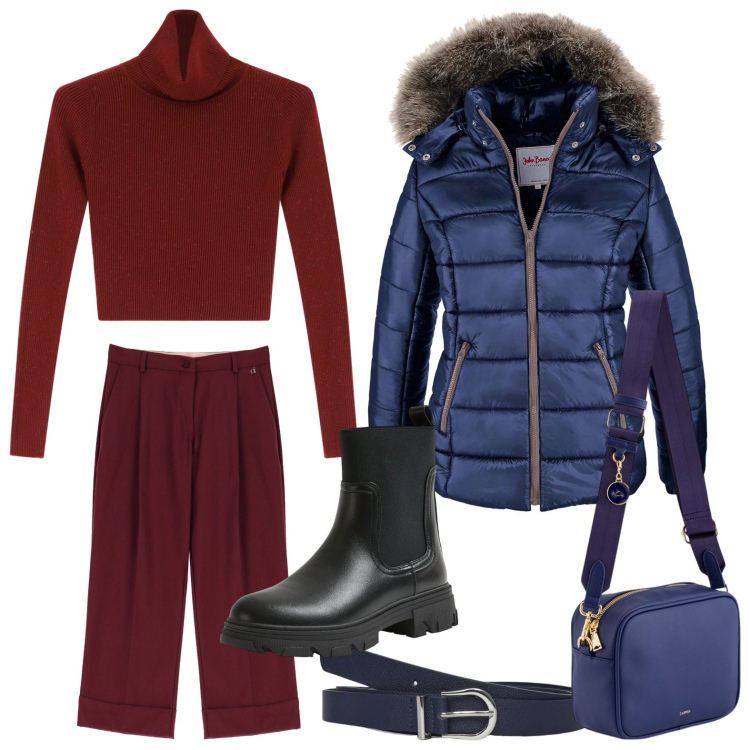 Outfit donna - Il completo bordeaux. Stile Urban per Tutti i giorni. Abbinamento con piumini, stivaletti chelsea, cinture, maglieria, pantaloni chino, borse a tracolla.