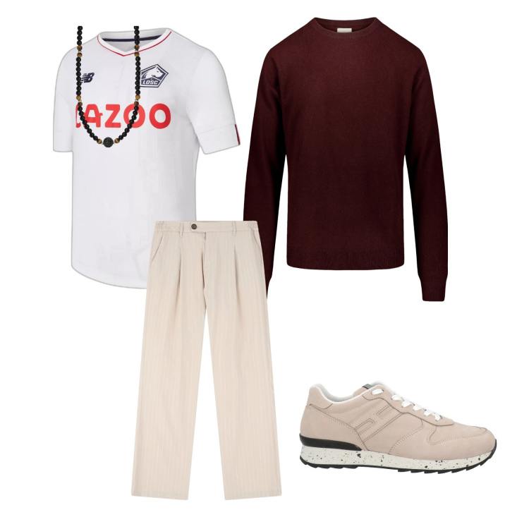 Outfit uomo - Scaramanzia. per Tutti i giorni. Abbinamento con sneakers, collane, t-shirt, pantaloni, maglieria.