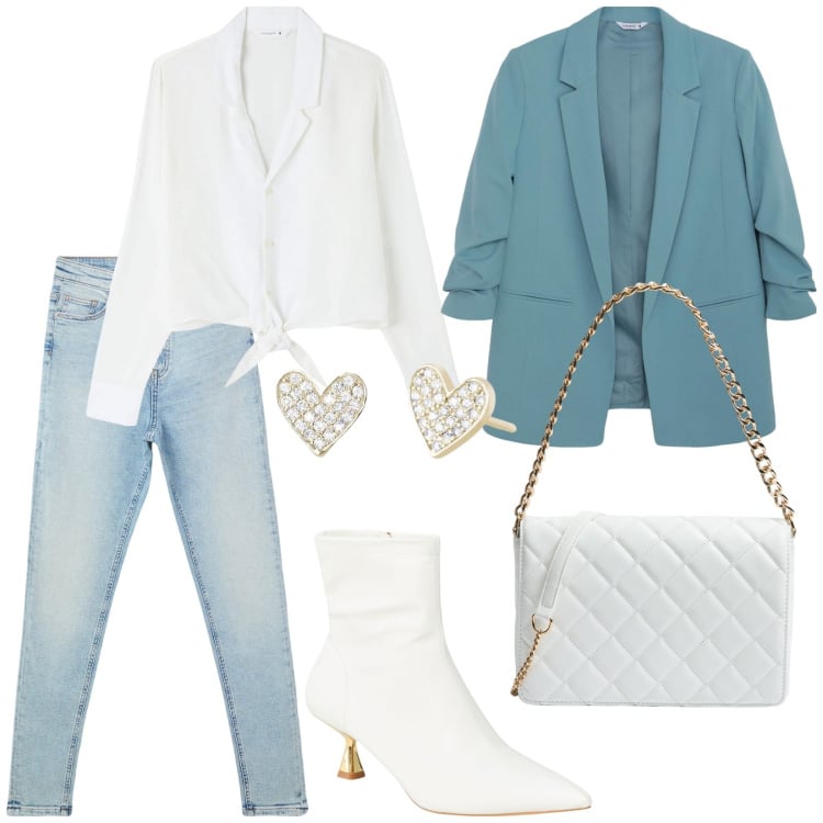 Outfit donna - Total look #2074375. Stile Casual chic per Ufficio. Abbinamento con camicie, jeans skinny, stivaletti, blazer, borse a tracolla, orecchini.