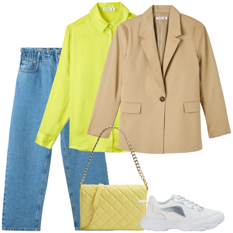 Outfit donna - Lime. Stile Casual per Scuola/Università. Abbinamento con blazer, camicie, jeans, sneakers, borse a tracolla.