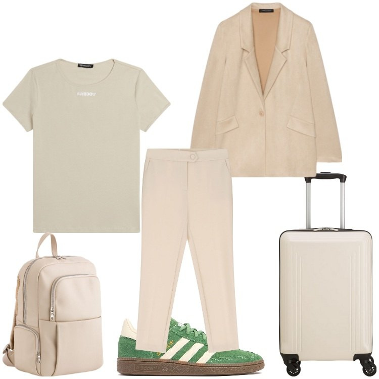 Outfit donna - Il primo viaggio dell´anno. Stile Casual per Tutti i giorni. Abbinamento con pantaloni, t-shirt, blazer, zaini, sneakers, valigie.