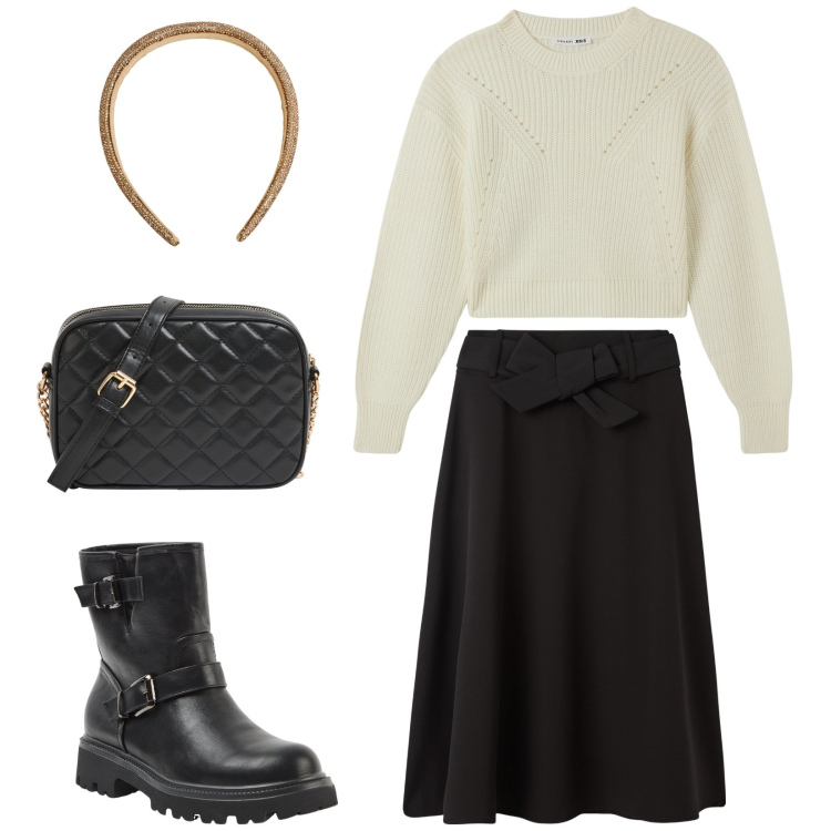 Outfit donna - Basic femminile. Stile Basic per Scuola/Università. Abbinamento con borse a tracolla, stivaletti, cerchietti, gonne lunghe, maglieria.