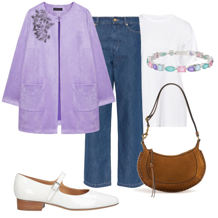 Outfit donna - Total look #2074386. Stile Casual chic per Ufficio. Abbinamento con t-shirt, ballerine, braccialetti, trench, borse a spalla, jeans dritti.