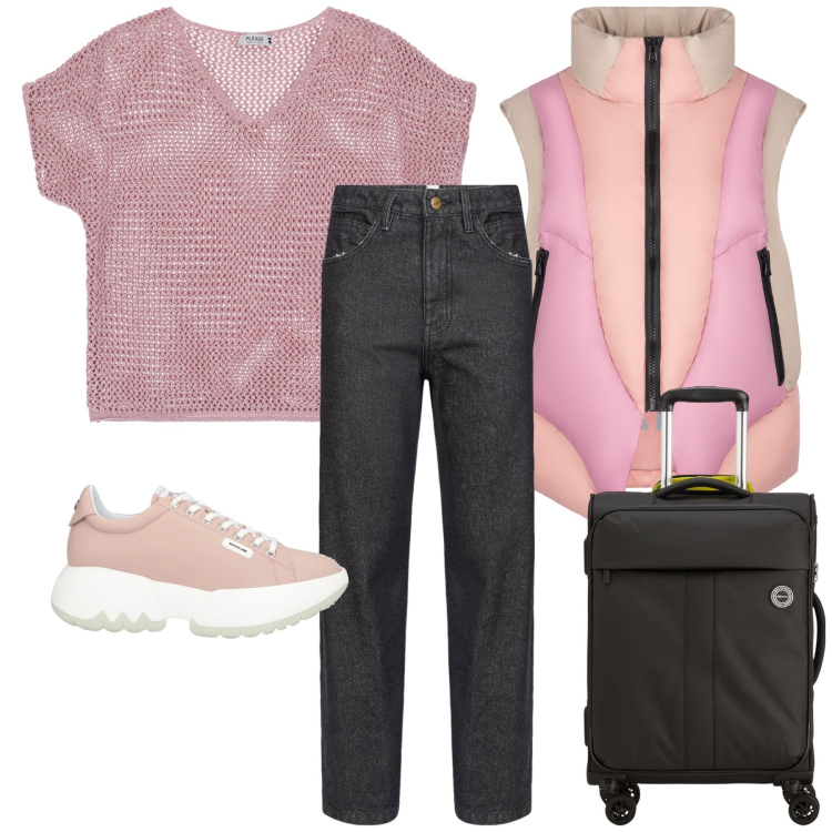 Outfit donna - Si parte. Stile Casual chic per Tutti i giorni. Abbinamento con sneakers, maglieria, piumini, pantaloni, valigie.