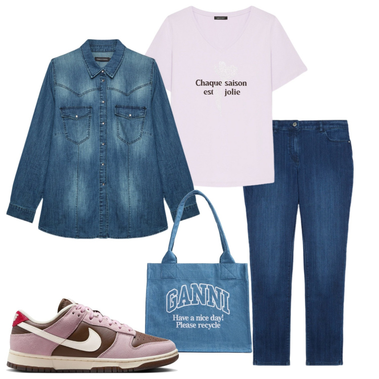 Outfit donna - Basic style. Stile Basic per Tutti i giorni. Abbinamento con t-shirt, jeans skinny, sneakers, shopping bag, camicie.