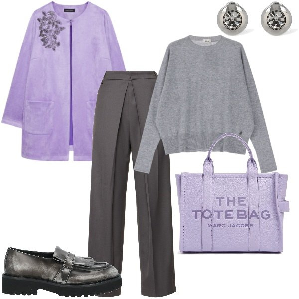 Outfit donna - Dettagli che fanno la differenza. Stile Glamour per Serata fuori. Abbinamento con mocassini, pullovers, trench, orecchini, borse tote, pantaloni.