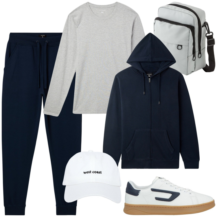 Outfit uomo - Total look #2074409. Stile Casual per Tutti i giorni. Abbinamento con sneakers, t-shirt, felpe con cappuccio, cappelli, pantaloni sportivi, borse sportive.