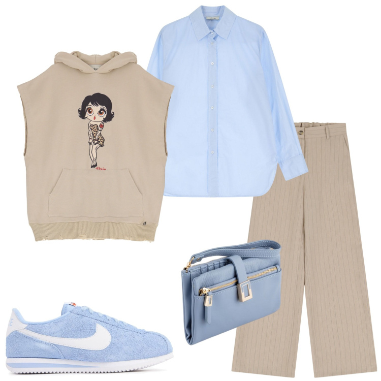 Outfit donna - Pantaloni palazzo. Stile Casual chic per Serata fuori. Abbinamento con camicie, felpe con cappuccio, pantaloni a palazzo, sneakers, portafogli.