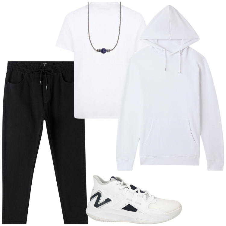 Outfit uomo - Total look #2074412. Stile Casual per Sport. Abbinamento con sneakers, felpe con cappuccio, pantaloni, collane, t-shirt.