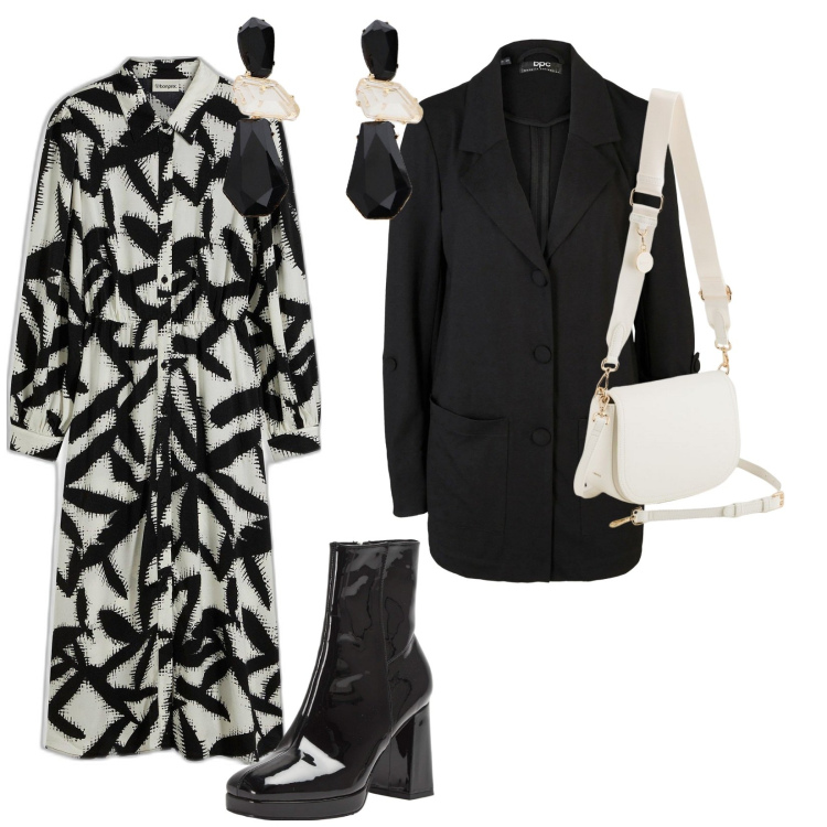 Outfit donna - Domenica , caffè dai parenti. per Tutti i giorni. Abbinamento con blazer, vestiti midi/longuette, stivaletti, orecchini, borse a tracolla.