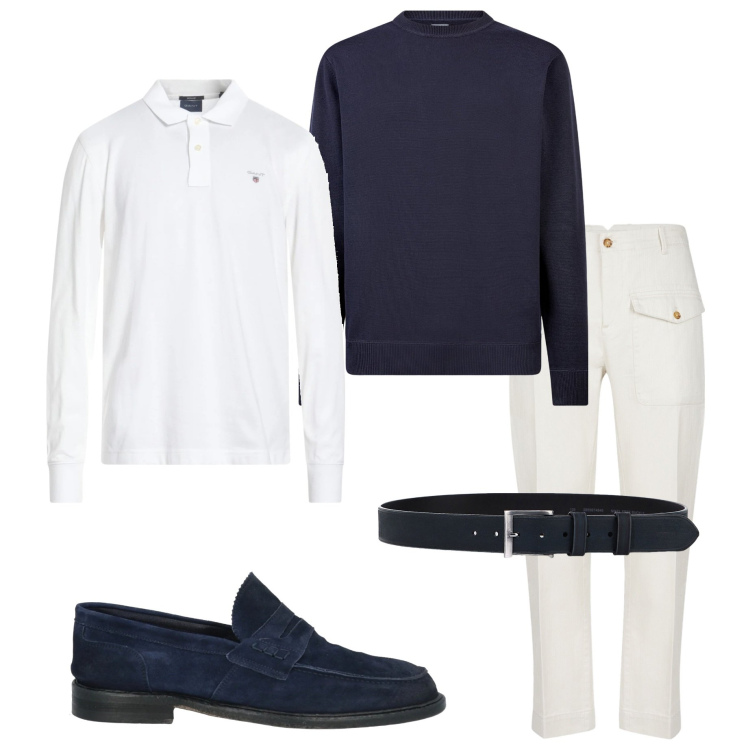 Outfit uomo - Bianco e blu. Stile Trendy per Serata speciale. Abbinamento con polo, scarpe stringate, cinture, maglieria, pantaloni.