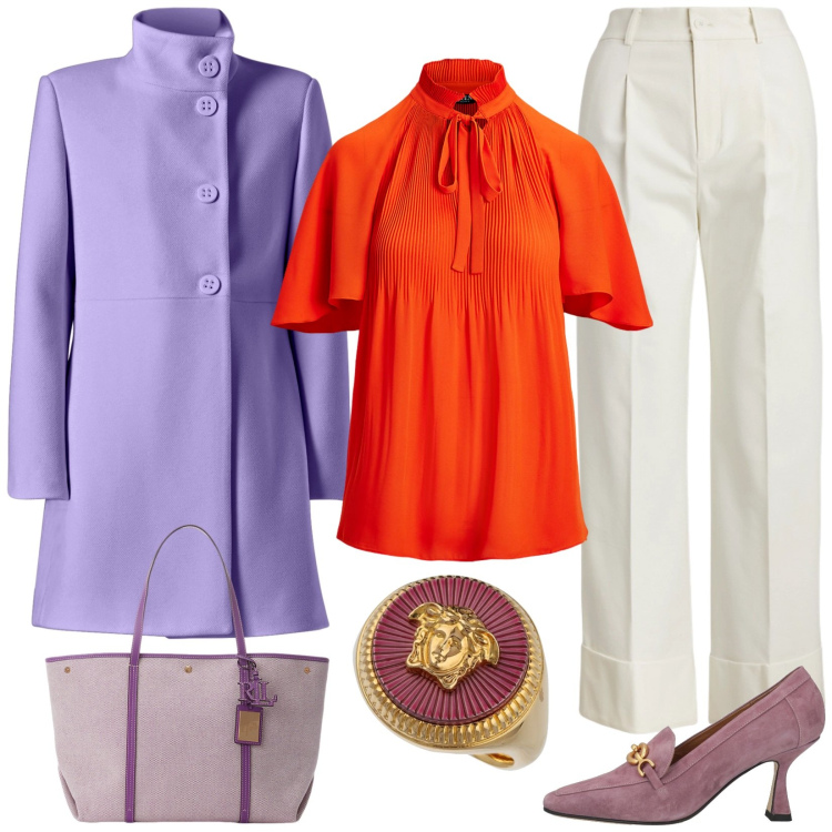 Outfit donna - Casual chic. Stile Casual chic per Tutti i giorni. Abbinamento con mocassini, cappotti, pantaloni, borse tote, camicie, anelli.