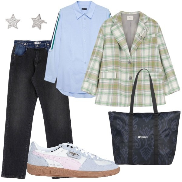 Outfit donna - A spasso per la città. Stile Trendy per Tutti i giorni. Abbinamento con sneakers, orecchini, jeans dritti, shopping bag, blazer, camicie.
