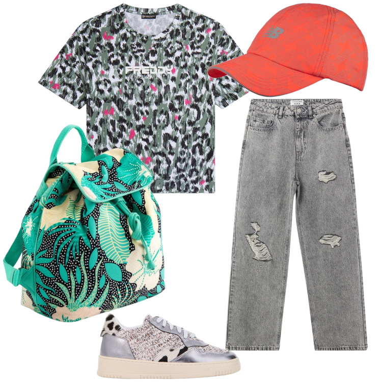 Outfit donna - Pomeriggio di domenica ai giardini. Stile Casual per Tutti i giorni. Abbinamento con jeans strappati, cappelli, sneakers, t-shirt, zaini.