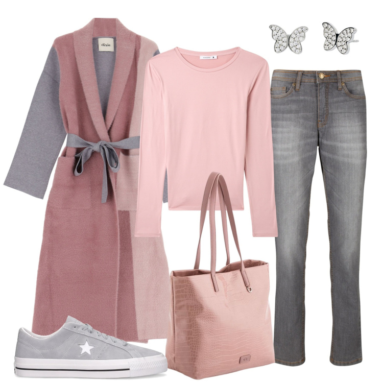 Outfit donna - Il cappotto colorato. Stile Casual chic per Tutti i giorni. Abbinamento con jeans mom, t-shirt, orecchini, cappotti, sneakers, shopping bag.