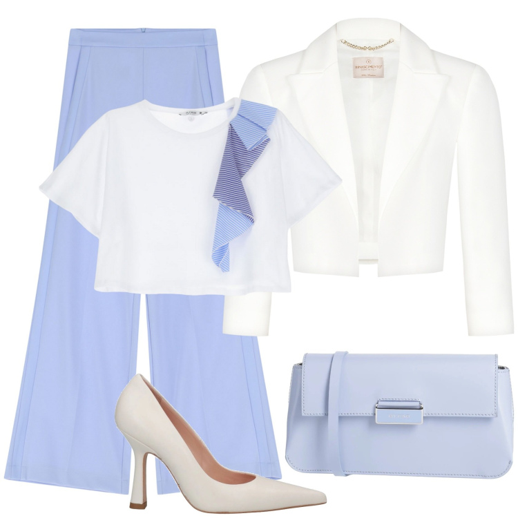 Outfit donna - Perfetto per la primavera. Stile Casual chic per Ufficio. Abbinamento con décolleté, borse a tracolla, bolero, t-shirt, pantaloni a palazzo.