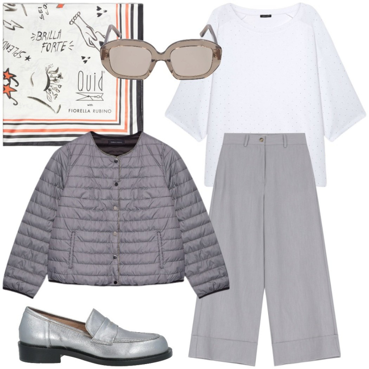 Outfit donna - Outfit ufficio. Stile Minimal per Ufficio. Abbinamento con mocassini, pantaloni a palazzo, felpe, piumini, occhiali da sole, foulard.