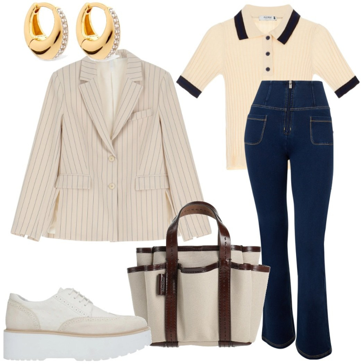 Outfit donna - Domenica a zonzo. Stile Urban per Tutti i giorni. Abbinamento con scarpe stringate, borse a mano, maglieria, blazer, jeans, orecchini.