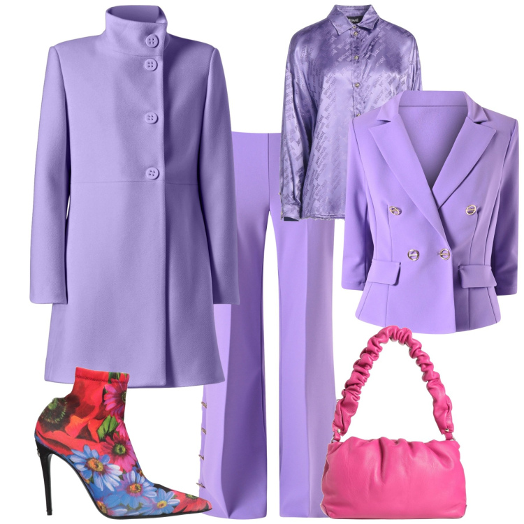 Outfit donna - Total look #2074466. Stile Romantica per Tutti i giorni. Abbinamento con stivaletti, camicie, borse a mano, cappotti, blazer, pantaloni a palazzo.