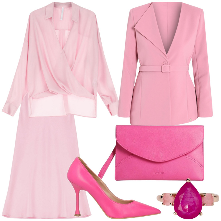 Outfit donna - Primavera in rosa. Stile Bon Ton per Cerimonia. Abbinamento con décolleté, borse a mano, anelli, blazer, bluse, gonne longuette.