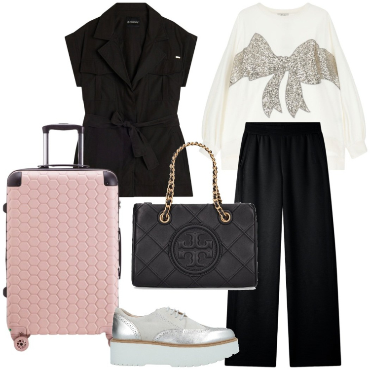 Outfit donna - In viaggio. Stile Casual chic per Tutti i giorni. Abbinamento con scarpe stringate, pantaloni, trench, felpe, borse a spalla, valigie.