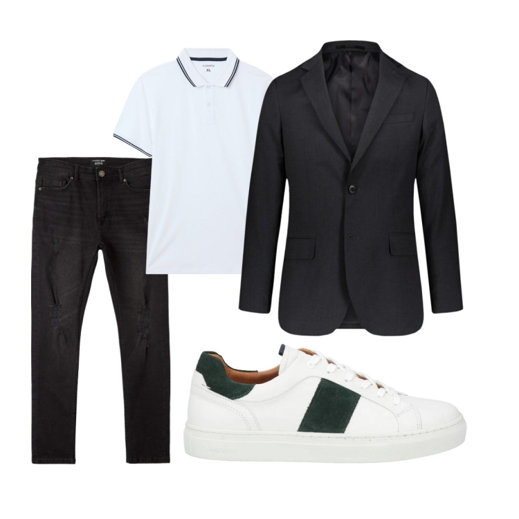 Outfit uomo - Non troppo formale. Stile Trendy per Tutti i giorni. Abbinamento con giacche, sneakers, polo, jeans strappati.