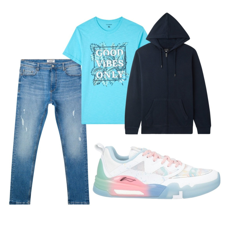 Outfit uomo - Total look #2074480. Stile Casual per Tutti i giorni. Abbinamento con sneakers, felpe con cappuccio, t-shirt, jeans strappati.