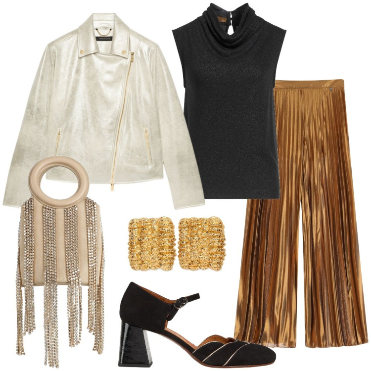 Outfit donna - Serata scintillante. Stile Glamour per Serata fuori. Abbinamento con borse a secchiello, top, décolleté, pantaloni a palazzo, blazer, orecchini.