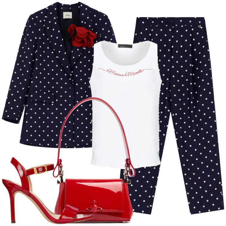 Outfit donna - Il pois. Stile Bon Ton per Ufficio. Abbinamento con top, blazer, pantaloni, sandali col tacco, borse a spalla.