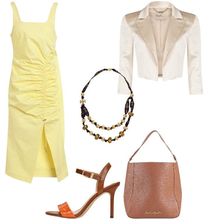 Outfit donna - Abito giallo pastello. Stile Bon Ton per Serata fuori. Abbinamento con vestiti midi/longuette, collane, borse a mano, bolero, sandali in pelle.