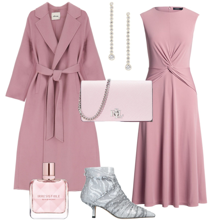 Outfit donna - Total look #2074499. Stile Bon Ton per Cerimonia. Abbinamento con stivaletti, profumi, cappotti, vestiti, orecchini, borse a tracolla.