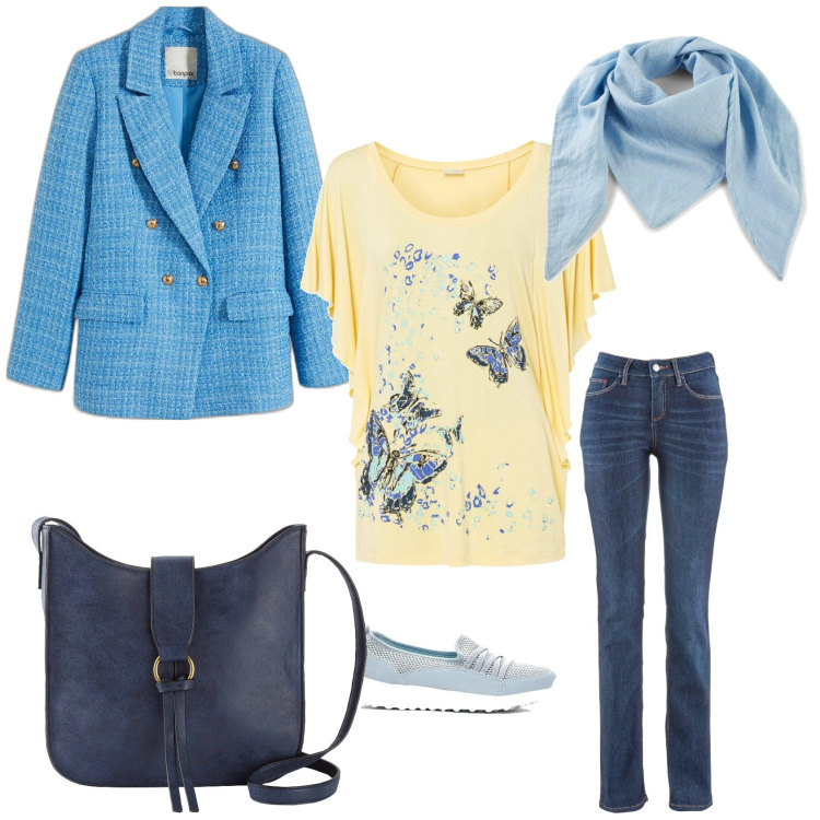 Outfit donna - Giacca azzurra e foulard. Stile Casual per Tutti i giorni. Abbinamento con blazer, jeans dritti, sneakers, maglieria, borse a tracolla, foulard.