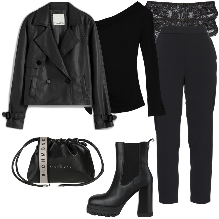 Outfit donna - Total black. Stile Trendy per Tutti i giorni. Abbinamento con parka, culotte, pantaloni, borse a tracolla, stivaletti chelsea, maglieria.